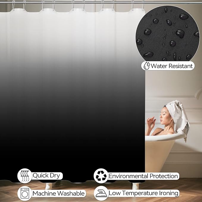 Bathroom Accessory Set–Bathroom Set with Shower Curtain and Rugs, No Slip Bathroom Rugs Super Absorbent, Black Ombre Water-Proof Shower Curtain with Hooks,Black Bathroom Sets Complete for Home