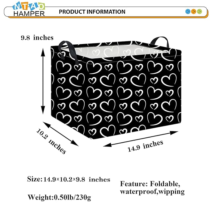 Rectangular Black Basket,Gift Basket Empty,Heart Print Toy Bin with Handles,Kids Toys/Books Box,Room Decor(Black Love)