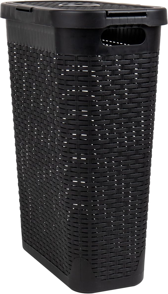 Mind Reader Slim Laundry Hamper with Lid, 40L Clothes Basket, Premium Wicker Design, Plastic, Black