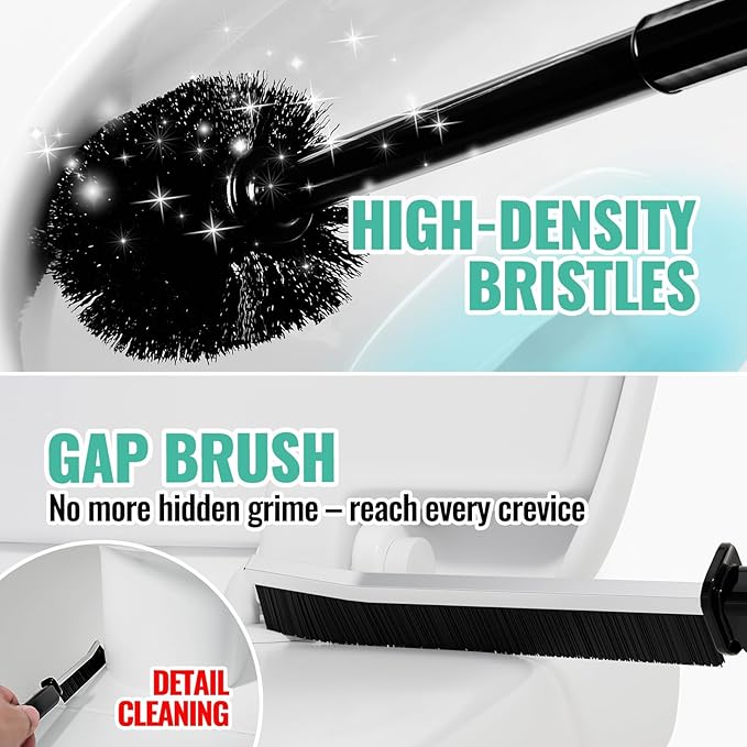 4PACK 3 in 1 Toilet Brush and Plunger Set with Crevice Cleaning Brush, Toilet Plunger and Brush Set with Extra Long Handle, Plungers for Bathroom Accessories, Toilet Plunger with Holder, Black