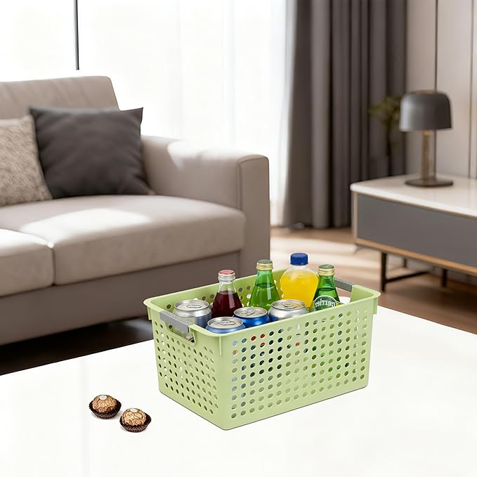 Soddeph 4 Pack Plastic Deep Storage Basket with Handles, Cubbies Organizer Bins with Hollow Design for Under Counter, Closet, Kitchen or Bathroom 12.3" × 8.7" × 6.9"(Green, Medium)