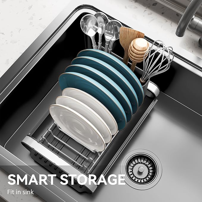 Small Dish Drying Rack, Mini Expandable Compact Dish Rack, Slim Extendable Stainless Steel Dish Drainer for Kitchen Plate Storage, Space Saving Dish Strainer in Sink or on Home Countertop, Black