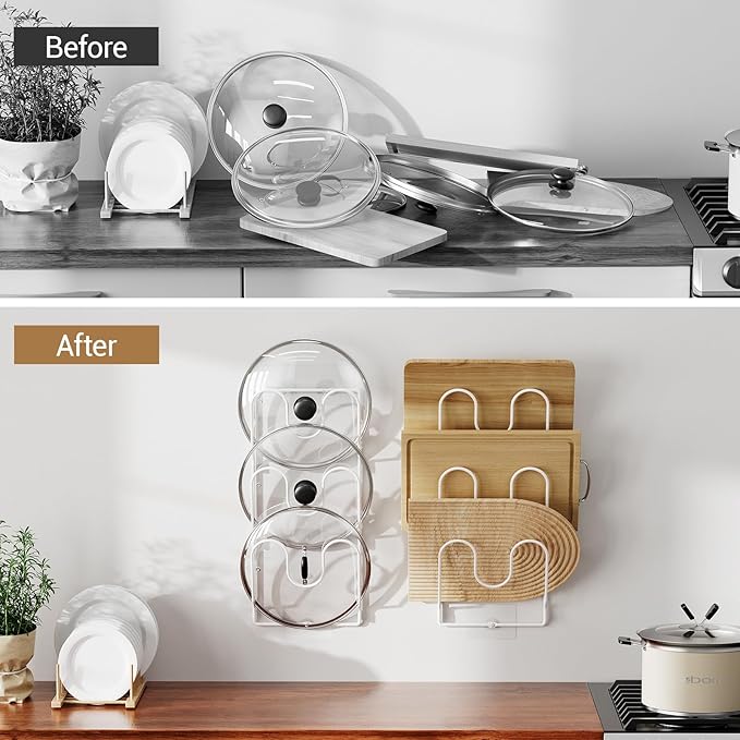 ORDORA 2 Pack Pot Lid Organizer Rack for Cabinet Door, 6-Tier Pot Lid Holders inside Cabinet, No Drilling Adhesive Wall Door Mounted Rustproof Pots and Pans Cover Organizers for Kitchen Storage, White