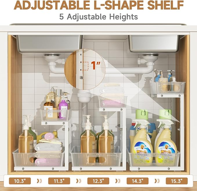ETOYA Under Sink Organizer 2 Pack Pull Out Bathroom Cabinet Countertop Organizer 2 Tier Slide Out Kitchen Organizers and Storage Bathroom & Laundry Under Under Sink Shelf- White
