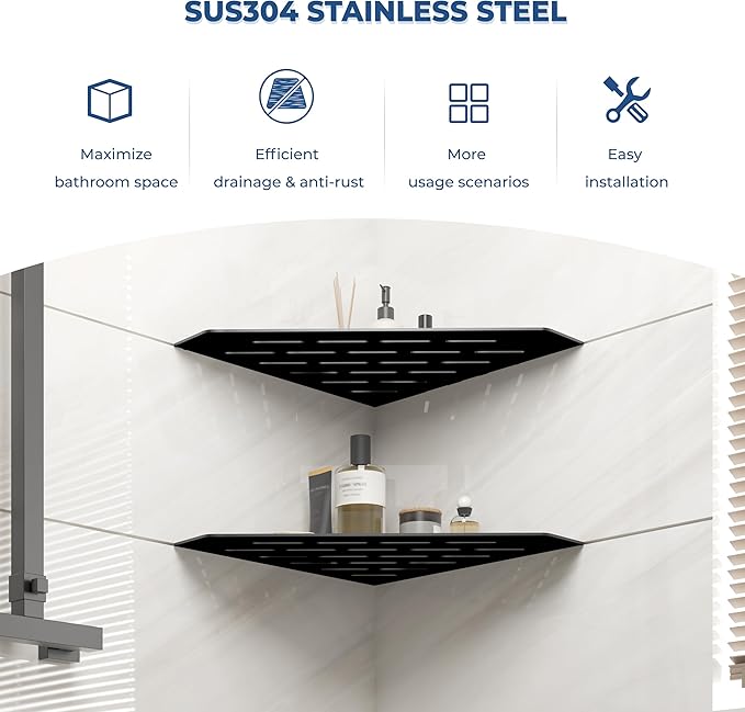 FerdY 2-Pack 10" Matte Black Recessed Corner Shower Shelf, for Tiled Bathroom Walls, 304 Stainless Steel Floating Shelf, Shower Caddy Storage Shelves, No Drilling Required, Striped Diamond