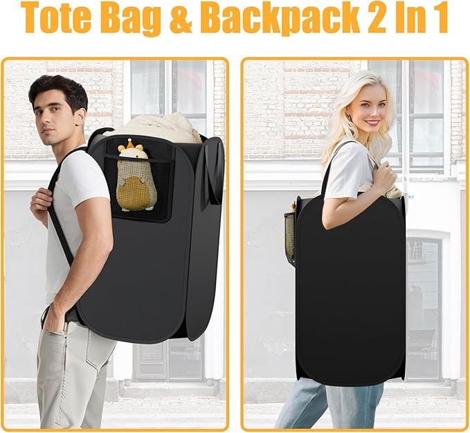 2 Pack Collapsible Backpack Laundry Bag Made by Strong Polyester Oxford Cloth, 76L Heavy Duty Large Hamper with Adjustable Shoulder Strap, Foldable Basket with Mesh Pocket for Dorm, Travel, Apartment