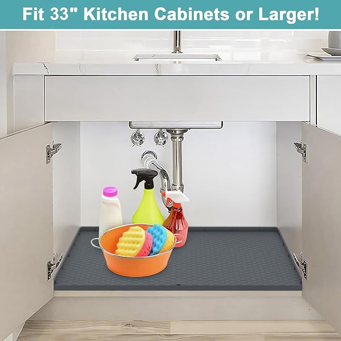 Under Sink Mats for Kitchen Waterproof 31" x 19", Silicone Under Kitchen Sink Mat for Bottom of Sink, Under The Sink Organizer for Kitchen and Bathroom Gray