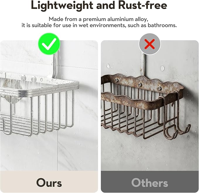 VALORDINE Shower Caddy Hanging, Shower Organizer Hanging, Aluminum Shower Racks for Inside Shower with Hooks for Razor, Never Rust Bathroom Organizers and Storage with Soap Holder, Bright Silver