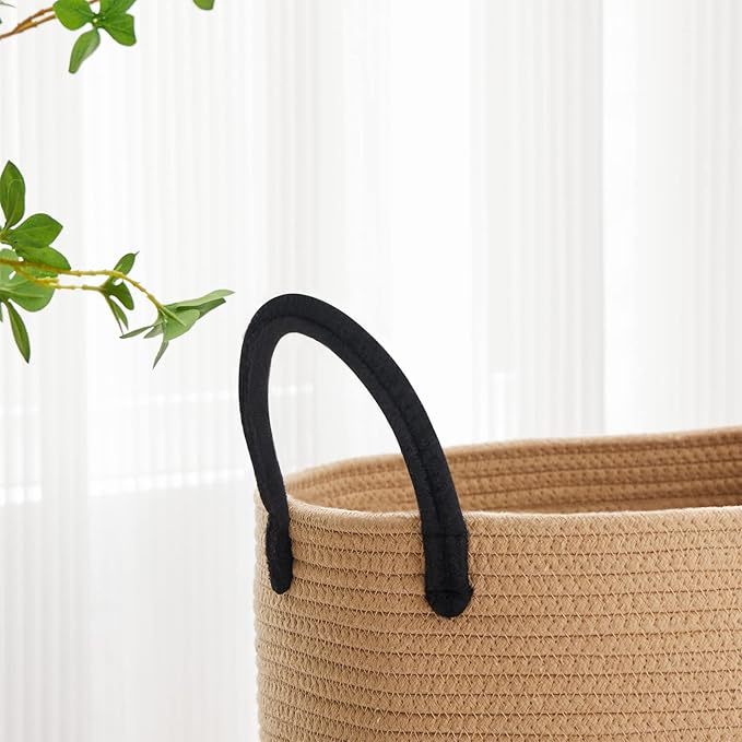 VIPOSCO Large Laundry Hamper, Tall Woven Rope Storage Basket for Blanket, Toys, Dirty Clothes in Living Room, Bathroom, Bedroom - 100L Brown & Black