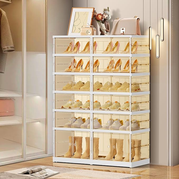 EHAMILY 6 Tiers 12-24 Pairs Foldable Shoe Boxes Large Plastic Shoe Storage Rack Collapsible Shoe Organizer for Closet Tall Shoe Shelf Clear Stackable Shoes Cabinet with Doors entryway