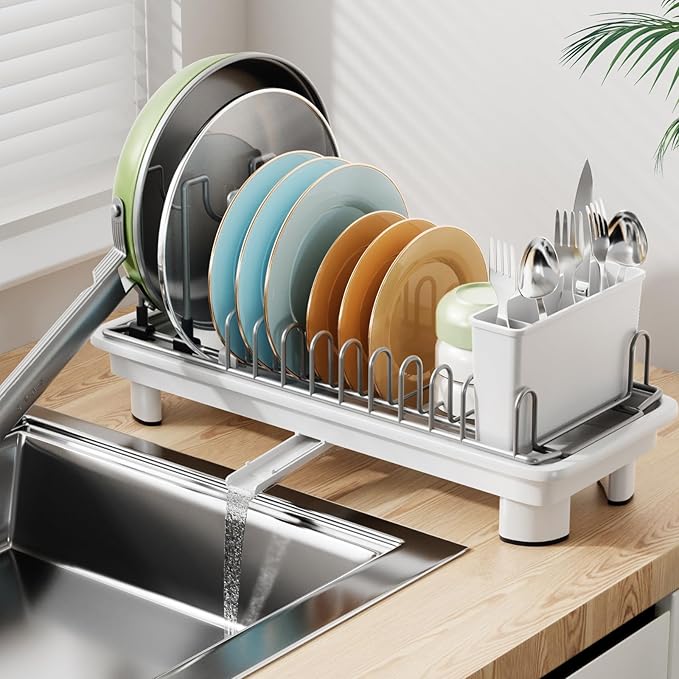 Small Dish Drying Rack, Compact Dish Drainer for Kitchen Counter, with Adjustable Back Slots, Space-Saving for Small Kitchens, White