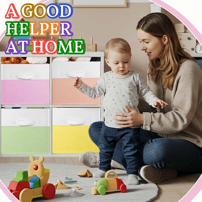 Yinder 6 Pcs Cube Storage Bin Pink 11'' Storage Bins for Playroom Decor Colorful Bins for Kids Foldable Baskets for Nursery Organizer Boxes Fabric Boxes