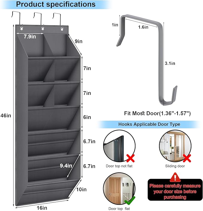 BZVlemon Hanging Shoe Organizer for Closet with 9 Deep Pockets, Over the Door Shoe Rack, Shoe Holder for Narrow Door Dorm RV Shoe Storage, Grey