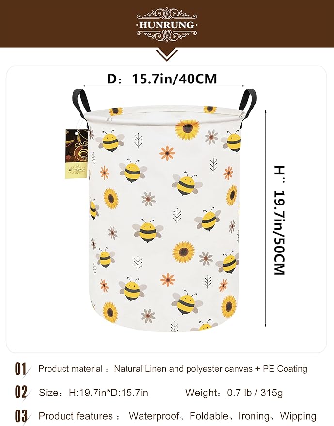 HUNRUNG Laundry Hamper,Large Canvas Fabric Lightweight Storage Basket Toy Organizer Dirty Clothes Collapsible Waterproof for College Dorms(Round-Bee)