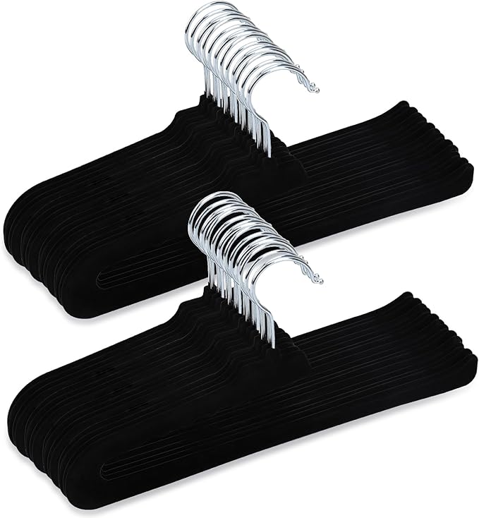 Velvet Pants Hangers - 32 Pack Black Non Slip Open Ended Hanger with 360 Swivel Hook - Closet Space Saving Hanger for Heavy Pants, Jeans, Trousers, Scarf