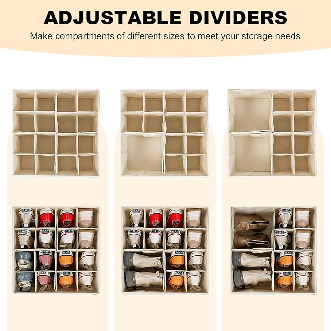 Fabric Shoe Organizer for Closet, Foldable Shoe Storage Bins with Clear Cover, Shoe Container with Adjustable Dividers, Fits up to 16 Pairs, White
