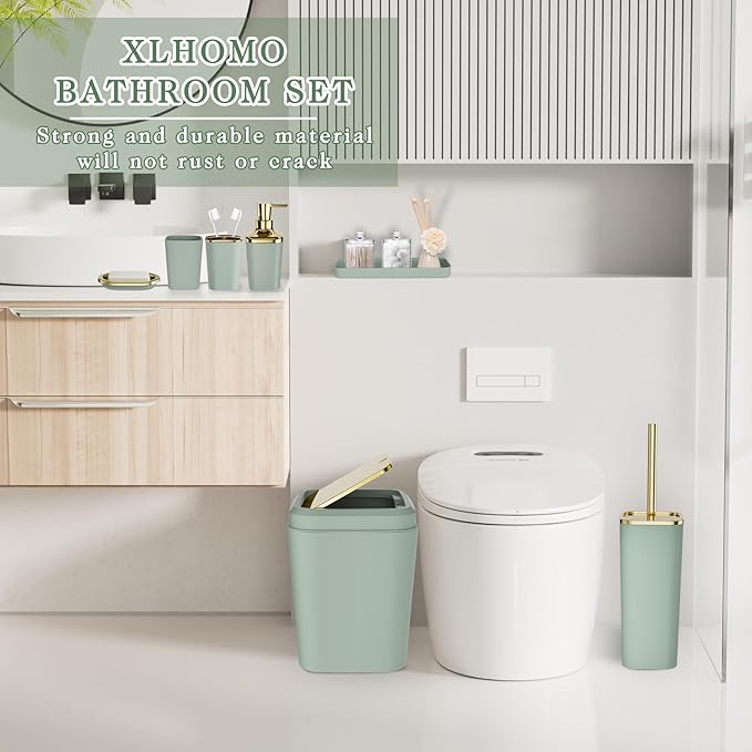 Bathroom Set, Sage Green Bathroom Accessories Set with Press-on Lid Bathroom Trash Can, Soap Dispenser, 10PC Bathroom Accessory Set for Home