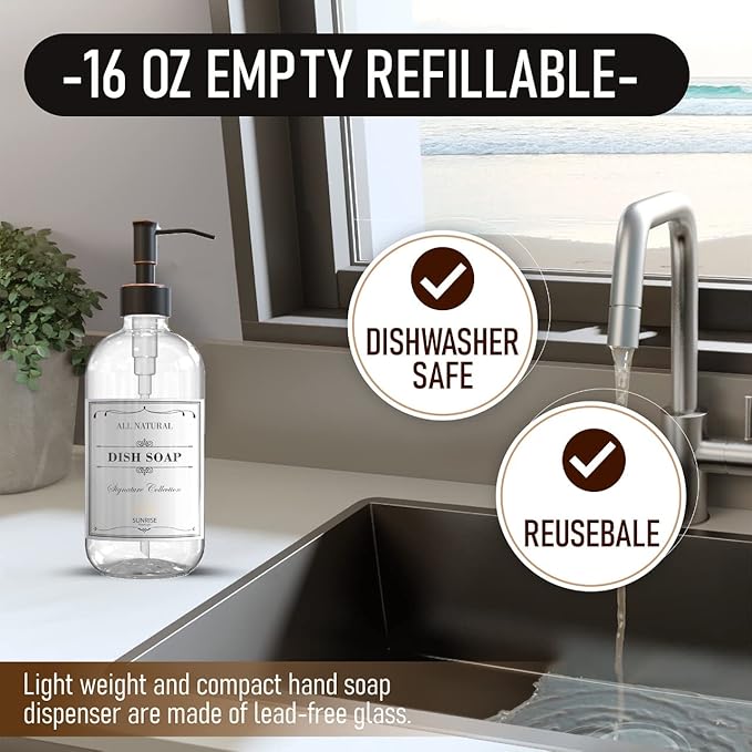 2 Pack Clear Glass Soap Dispenser 16 OZ with Oil Rubbed Bronze Stainless Steel Pump, Hand and Dish Soap Dispenser Set for Bathroom and Kitchen Sink with 6 Waterproof Labels