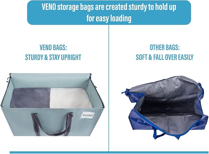 VENO 4 Pack Moving Bags and Large Christmas Storage Bins with lids. Alternative to Moving Boxes, Packing Supplies for College. Extra Large Heavy Duty Totes for Packaging (Light Blue Matte, 4 Pack)