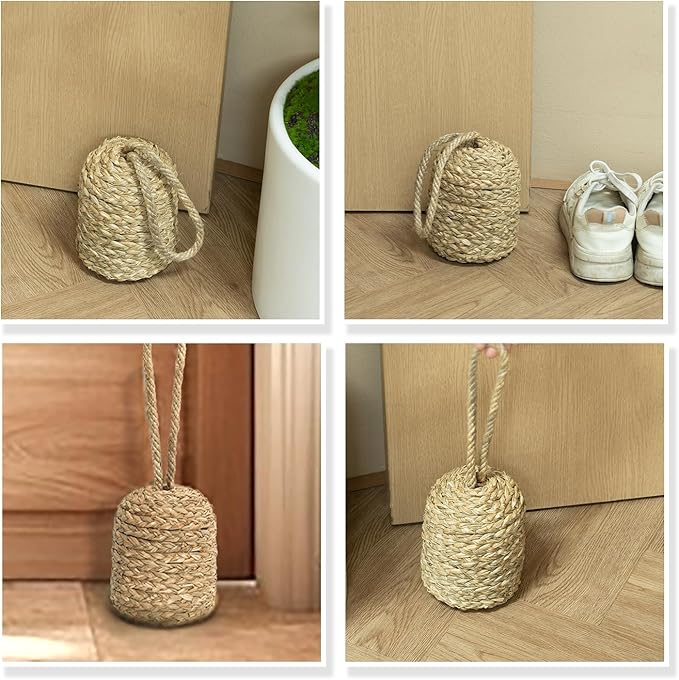 Decorative Door Stop With Handle - Natural Water Hyacinth Nautical Doorstop for Inside, Weight to Keep Open - Cute Stoppers for Bottom (Seagrass/Concrete), Beige