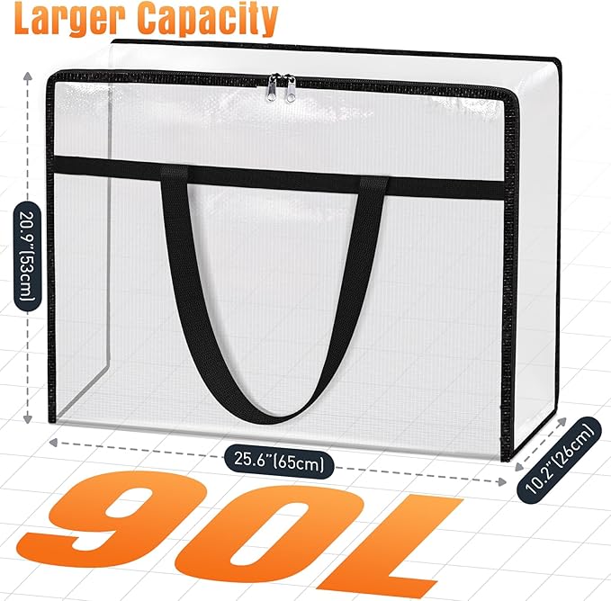Clear Under Bed Storage Containers - 4 Pack Large Capacity Clothes Storage Bags with Lid & Sturdy Handles, Foldable Moving Bags, Clothing Organizer Totes for Bedding, Comforter, Sheet（90 L）