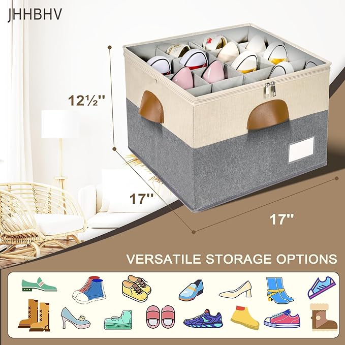 2 Pack Shoe Organizer for Closet, Adjustable Shoe Box Storage Containers, Large Foldable Shoe Bins with Clear Cover, Space Saving Shoes Holder with 4 Handles, Fits 16-32 Pairs, Beige