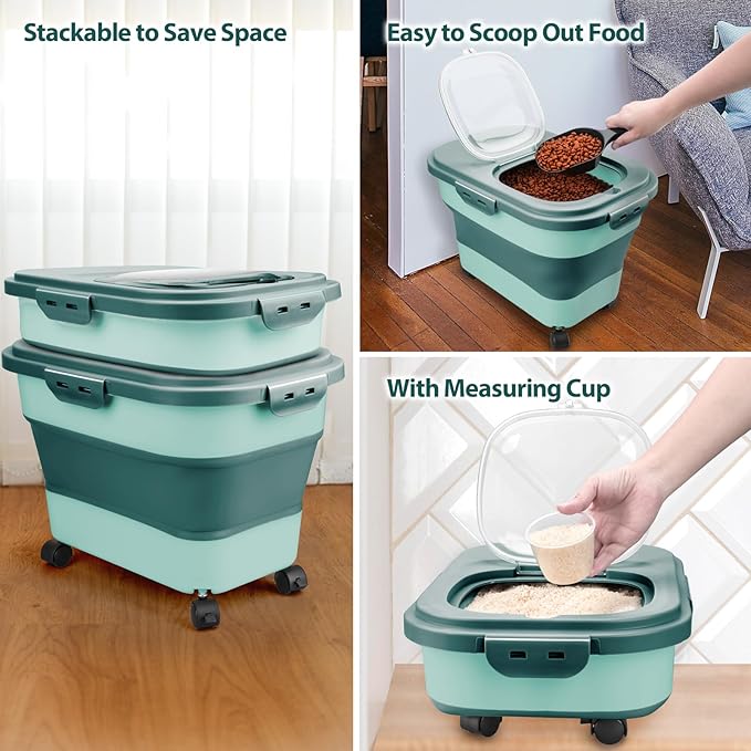 Dog Food Storage Container, 10-20Lbs Collapsible Pet Food Storage Containers with Rolling Wheel Airtight Locking Lid, Dry Food Storage Bin with Cup and Scoop,Suitable for Pet Food, Flour, Rice