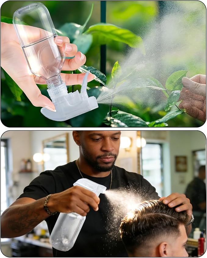 2 Pack 360° Spray Bottles, 10 oz Plastic Small Containers with Adjustable Spray Nozzles, Spray Bottles for Hair, Cleaning Solutions, BBQ and Plants Amber&Clear