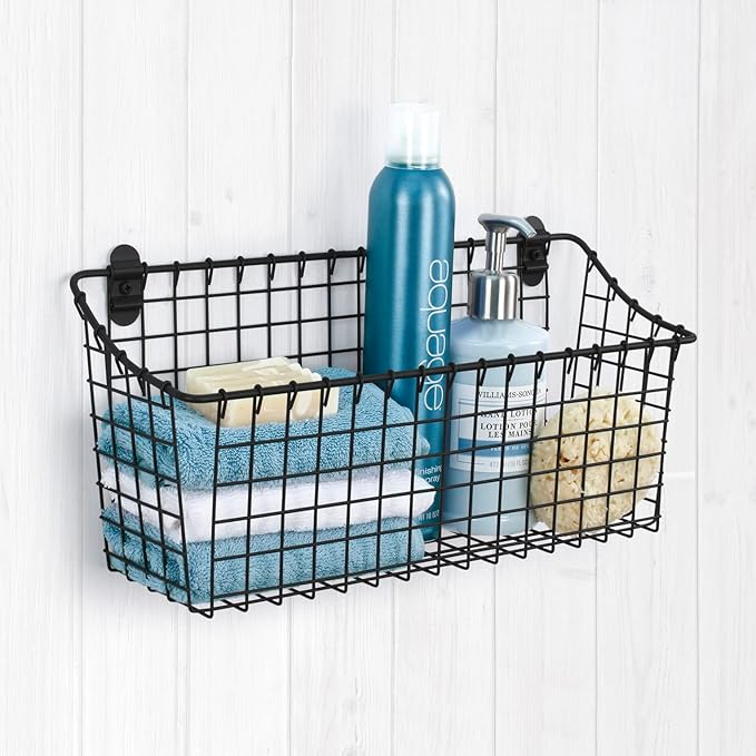 Spectrum Large Wire Wall Mount Storage Basket Matte Black, Wall Mount Storage Basket Organizer for Kitchen Bathroom Pantry, Versatile Wire Caddy Organizer