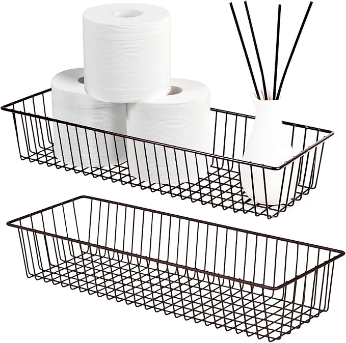 Farmhouse Decor Metal Wire Storage Organizer Bin Basket(2 Pack) - Rustic Toilet Paper Holder - Home Storage Organizer for Bathroom, kitchen cabinets,Pantry, Laundry Room, Closets, Garage (Bronze)
