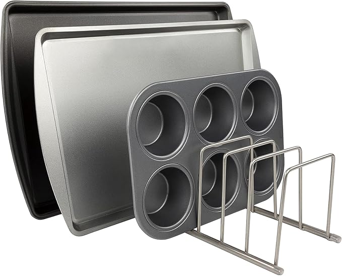 FitWell Kitchen Bakeware Organizer,Plate Racks,Rack for Plastic Lids,Cutting Boards,Cookie Sheets,Pots & Pans Holder,Compact Kitchen Storage,Cabinet Organizer
