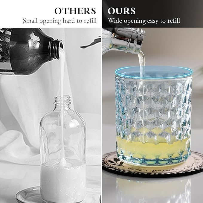 Hand Soap Dispenser Glass, Refillable Liquid Dispenser for Bathroom & Kitchen,Lotion Dispenser with Large Silver Pump（Diamond Pattern-Blue）
