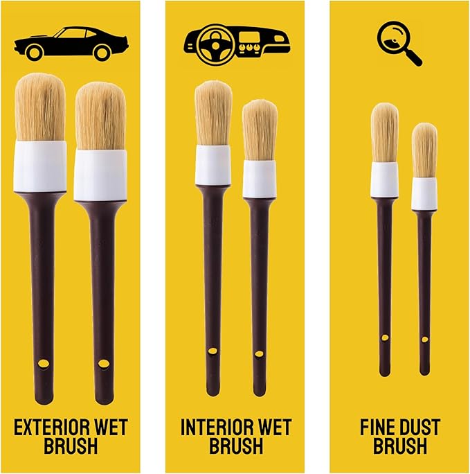 Soft Boar Hair Car Detailing Brush Set - 6-Pack - Scratch-Free Soft Bristle Cleaning Brushes - Reaches Tight Spots & Interior Car Cleaning Kit - Ergonomic & Durable Detailing Supplies