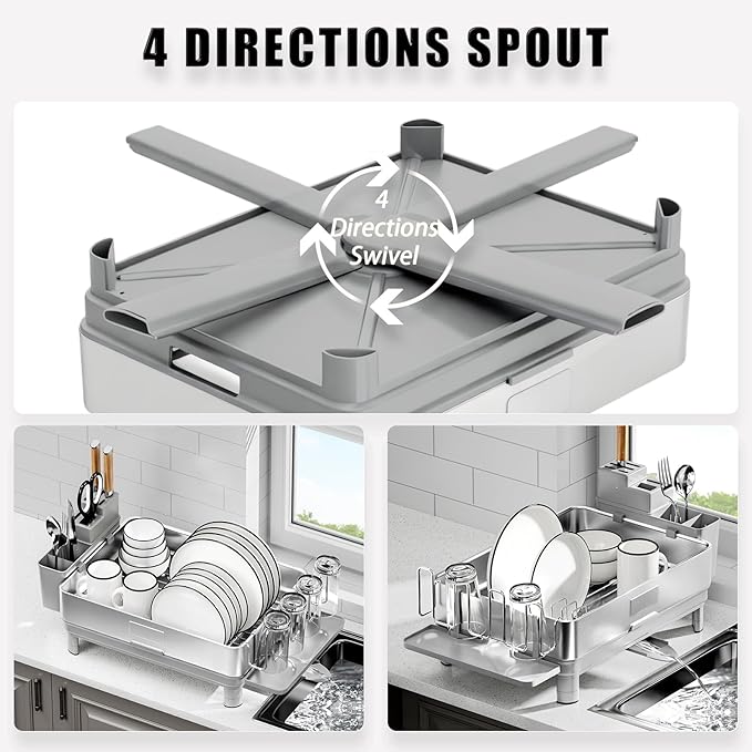 Dish Drying Rack, 304 Stainless Steel Dish Racks for Kitchen Counter, Dish Drainers with Automatic Drainage, Utensil Holder & Cups Holder, Space Saving Kitchen Organizer, Gray