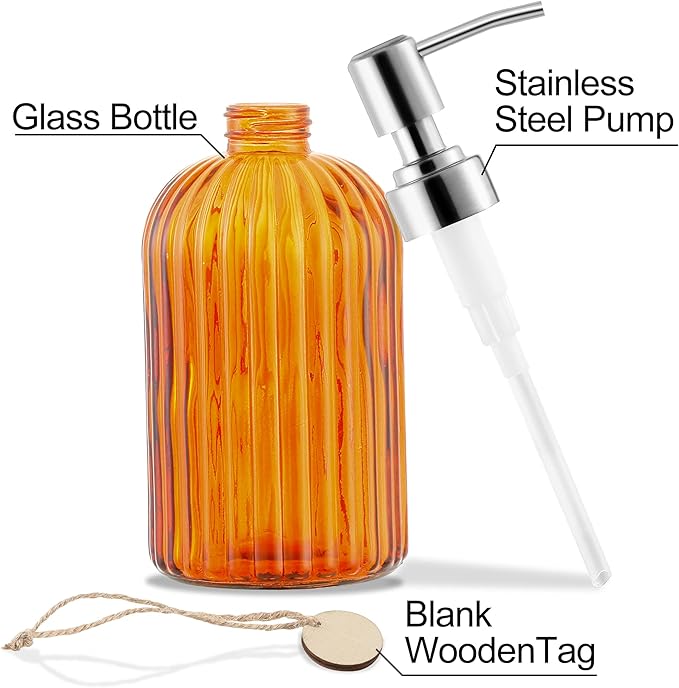 16 OZ Soap Dispenser，Tempered Glass Clear Vertical Stripe with 304 Rust Proof Stainless Steel Pump Refillable Liquid Hand Soap Dispenser，for Bathroom, Kitchen, Dish Soap，Lotion (Orange)