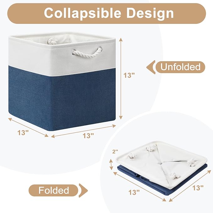 13x13 Storage Cube Bins 4Pack,Collapsible Cube Storage Organizer for Closet, Fabric Storage Box w/ Rope Handles, Foldable Storage Baskets for Shelves, Clothes,Closet Organization - White/Blue