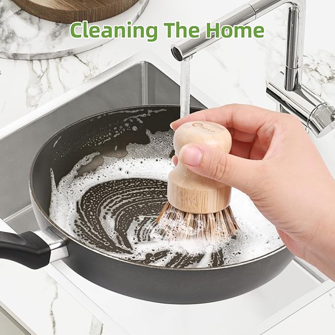 6 Pcs Bamboo Wok Brush - Hard Bristle, Eco-Friendly Bamboo Brush for Dishes, Biodegradable, Kitchen Dish Brush for Cleaning Pots, Pans, Grills and Stoves