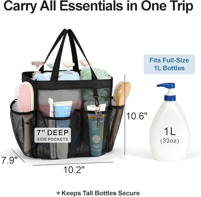 F-color Mesh Shower Caddy Portable, Upgrade Deeper 7 Pockets Shower Bag Basket Tote for College Dorm Room Bathroom Essentials Gym Camp Quick Dry 2 handles with S Hook, 2 Pack Black