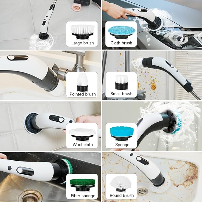 PUNOMO Electric Spin Scrubber, Cordless Waterproof Cleaning Brush with 8 Replaceable Brush Heads - 120Mins Work Time Adjustable Long Handle 2 Speeds 360 Power Scrubber for Bathroom Shower Kitchen Car