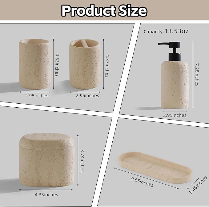 Bathroom Accessories Set, Travertine Stone-Look, 5 PCS Bathroom Accessory Set with 13.53 OZ Soap Dispenser, Toothbrush Holder, Tumbler, Vanity Tray, Cotton Swab Jars for Countertop (Yellow)