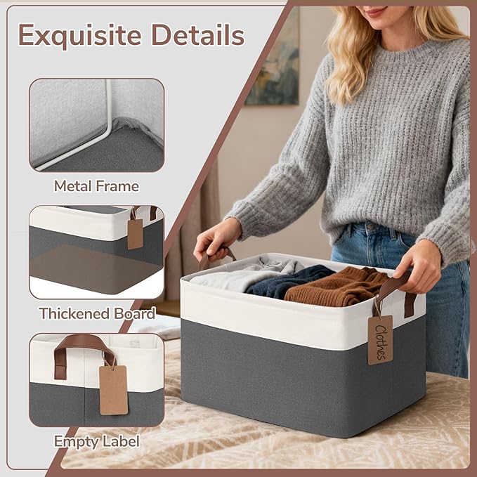 CHICVITA 4 Pack Large Storage Baskets for Shelves, Collapsible Closet Organizer Bins with Handles, Decorative Shelf Baskets for Bedroom Living Room, 16.8" x 11" x 9.8", Gray & White