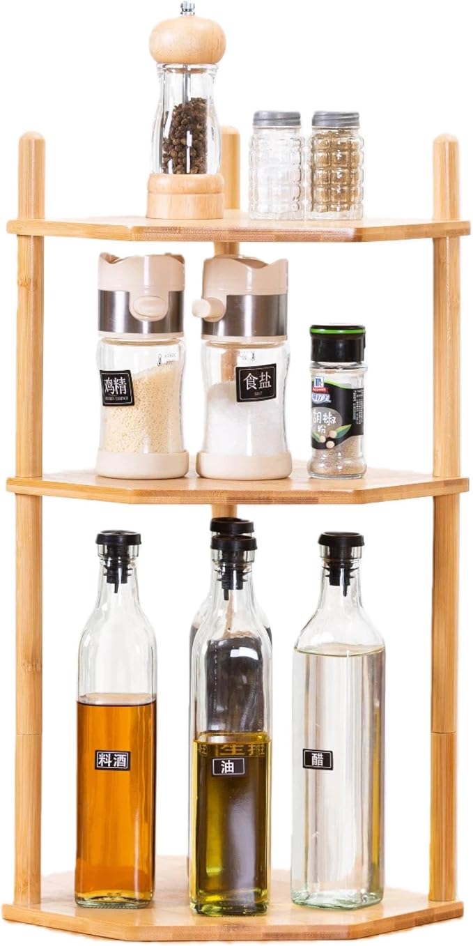 Expandable Bamboo Corner Shelf - Dish/Plate Organizer for Cabinet, Kitchen Counter Shelf & Small Kitchen Shelf, Adjustable (1, 3Tier-11.4" H)