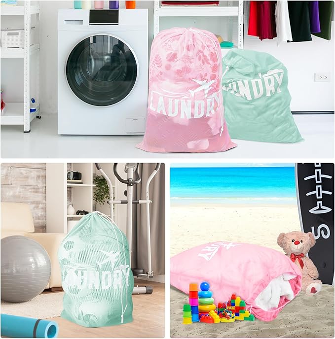 2 Pack Large Mesh Laundry Bag, Heavy Duty Laundry Bags with Drawstring, Laundry Hamper Liner, Machine Washable, for Travel, Storage, Sports, Dorms and Apartment Dwellers, 24 x 36 Inches (Pink+Green)