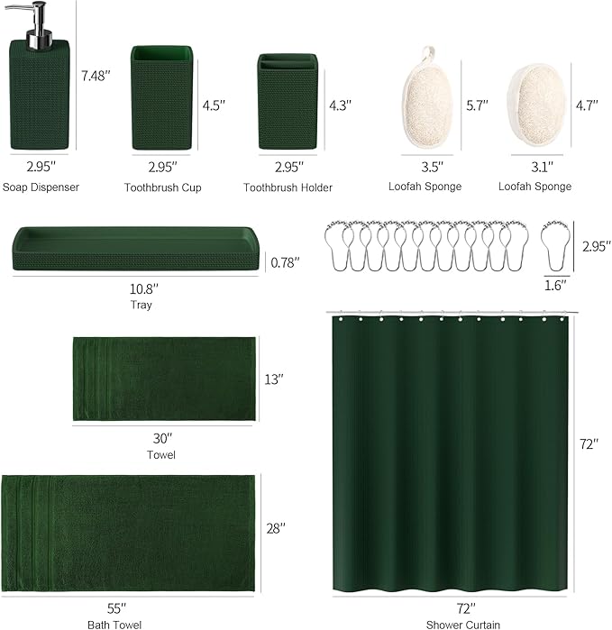 Resin Green Bathroom Set, Dark Green Bathroom Accessories Set with Shower Curtain, Bath Towel Sets, Natural Loofah Sponge, Soap Dispenser, Toothbrush Holder, Bathroom Tumbler and Tray for Bathroom
