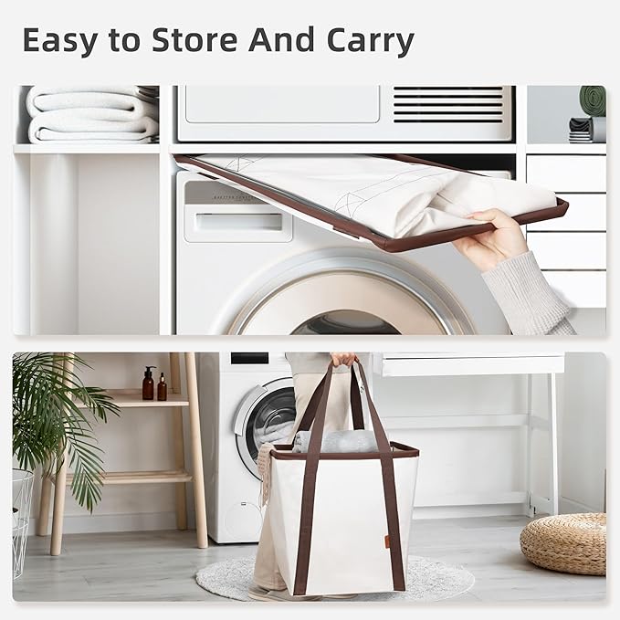 STORAGE MANIAC Collapsible Laundry Caddy, 64L (17 Gal) Large Collapsible Laundry Basket with Sturdy Metal Wire Frame, Long Carry Handles - Space-Saving, Foldable Laundry hamper, 1 Pack Beige