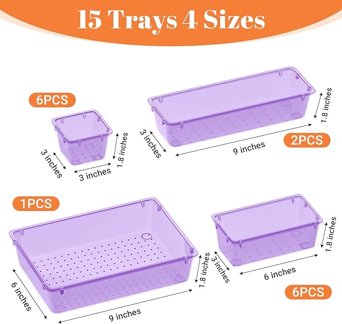 15 PCS Clear Plastic Drawer Organizer Set, 4-Size Acrylic Drawer Storage Trays, Storage Bins for Makeup, Gadgets, and Jewelry in Bathroom, Bedroom and Office, Clear Purple
