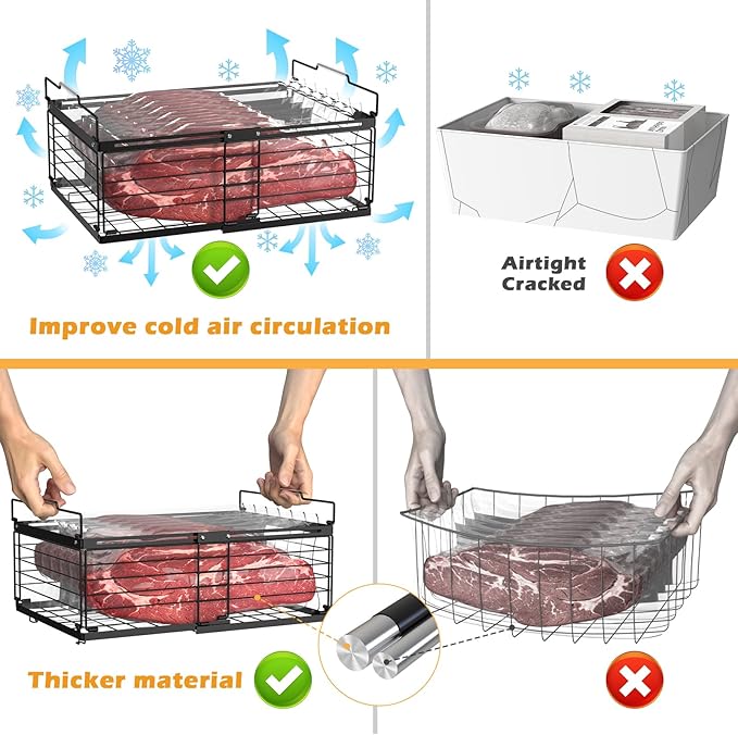 NADAMOO Freezer Organizer Bins, 2 Packs Large Expandable Stackable Chest Freezer Containers with Handle, Metal Adjustable Storage Baskets for Fridge, Deep Freezer, Cabinet, Kitchen, Pantry - Black