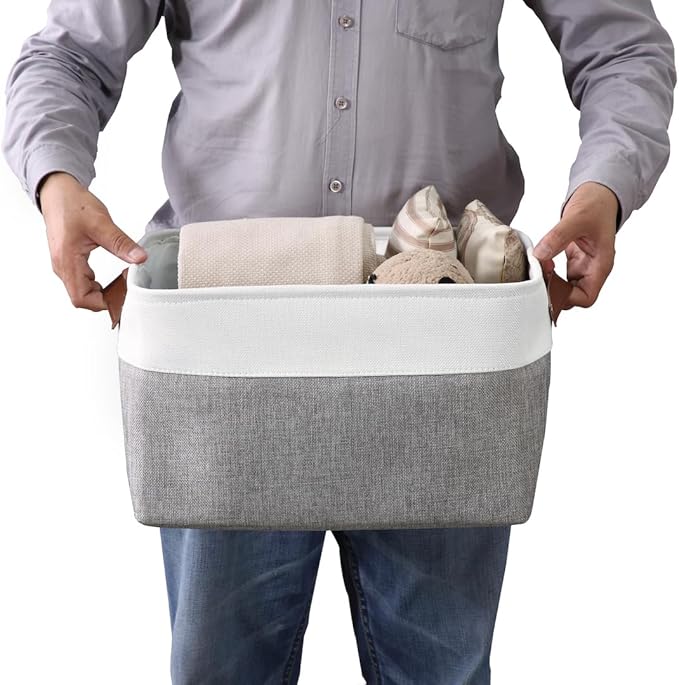 DECOMOMO Storage Baskets for Shelves - Fabric Storage Bins, Linen Closet Organizers and Storage (Grey & White, Large - 4 Pack)