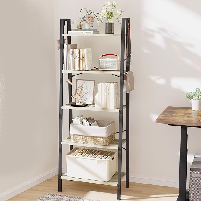 Ladder Shelf, Bookshelf Bookcase, Freestanding Corner Storage Shelve with 2 Hooks for Home Office, Living Room, Kitchen, Bedroom, Industrial, 11.8" D x 23.6" W x 63" H, Greige BC19305B