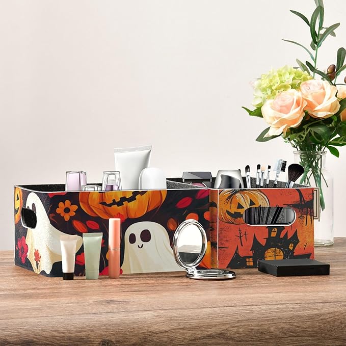 Halloween Ghost Pumpkin and Poppy Closet Storage Bins 2 Pcs Felt Open Home Storage Containers Organizer with Handles Collapsible Shelf Basket for Home Office Craft Room Classroom Fabric